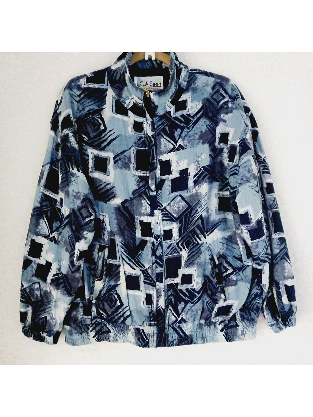 Jacket Women CA Sport Zipper Pockets Nubby 100% Silk Blue Black Geo Lined Size L